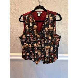 White Stag Nutcracker Tapestry Vest Women's Medium Burgundy Trim Festive Holiday